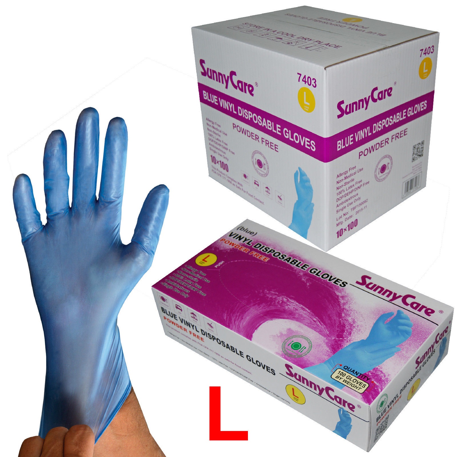 SunnyCare #7904 Vinyl Disposable Gloves Powdered Latex Nitrile Free XL 100/box 